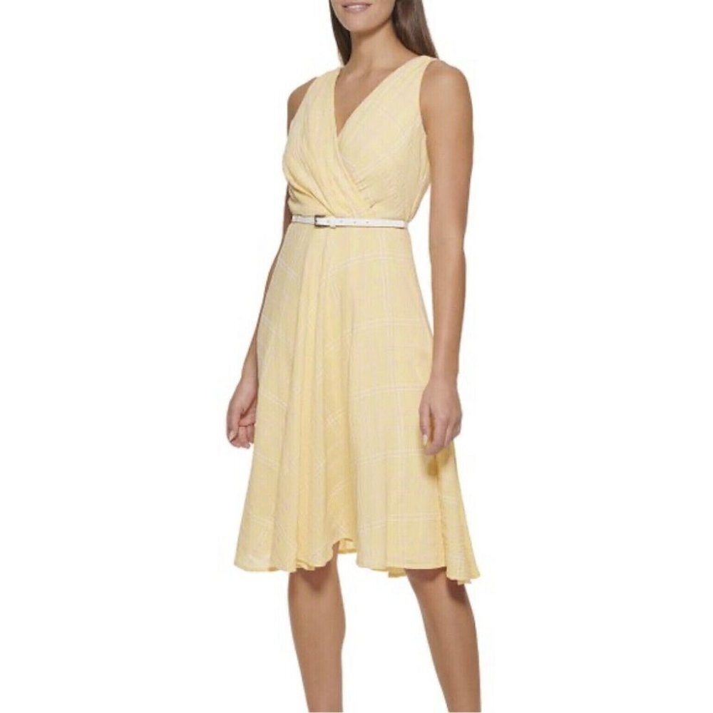 Tommy Hilfiger Yellow Sleeveless Dress Plaid Pattern Pink White Belted Size 8